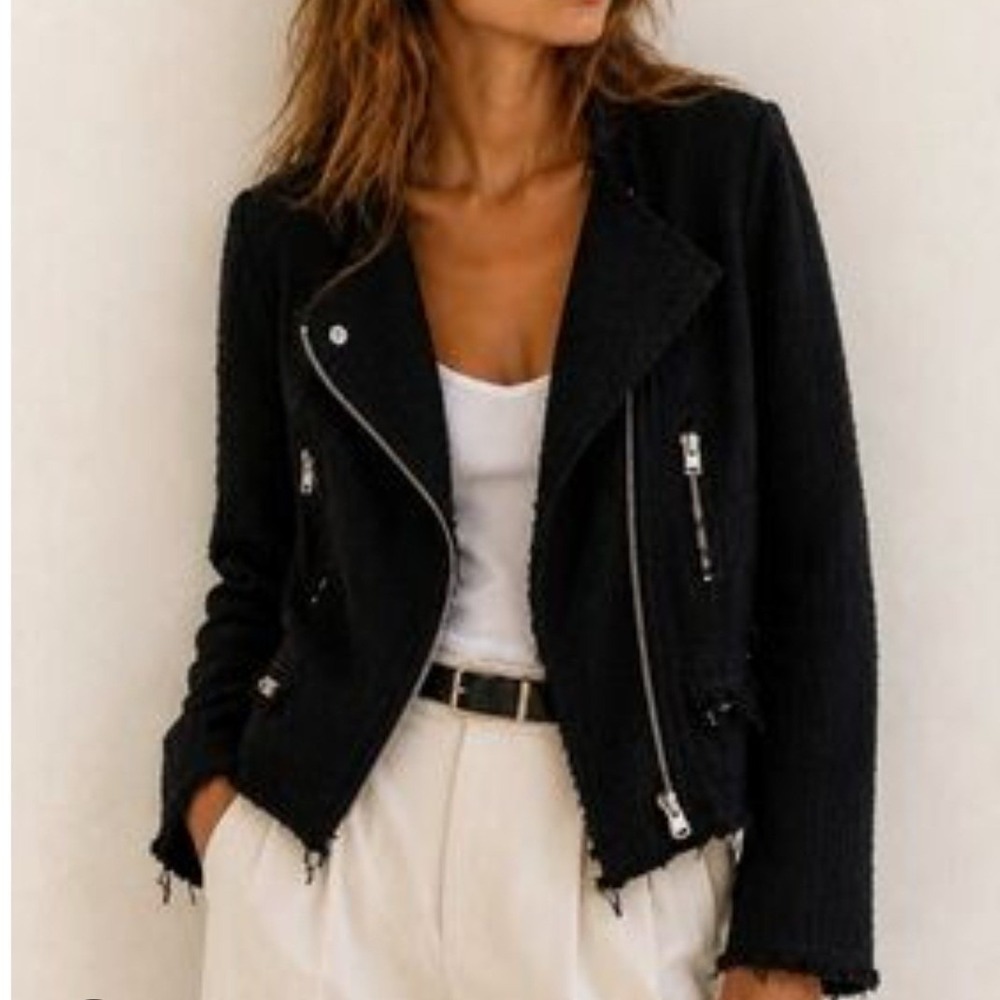 IRO Carlotaspe Black Cotton Boucle Tweed Asymmetric Moto Jacket 40/US 8